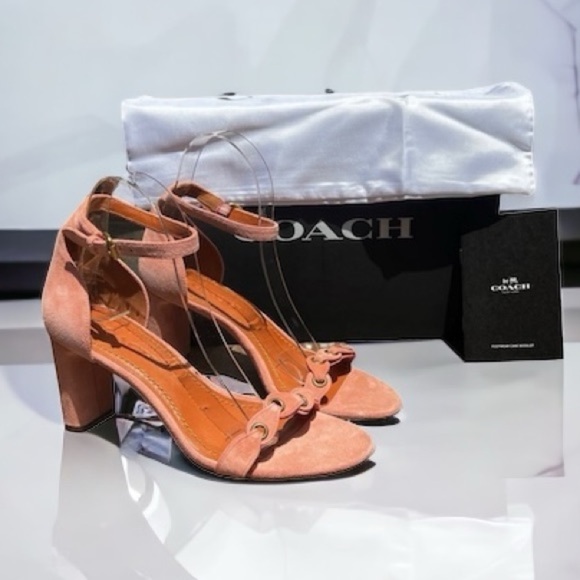 🌻NEW Coach Link Pink Peony Suede Ankle Strap Sandals Size 8 w/ Box + Shoe Bag - Picture 1 of 13